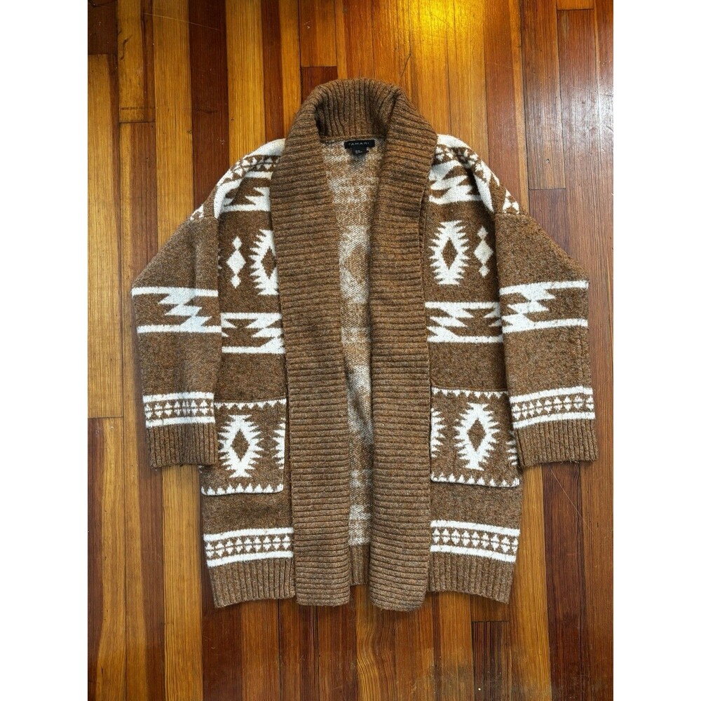 Tahari Cardigan Sweater Aztec Size XS Open Front Women Southwestern Shawl Brown